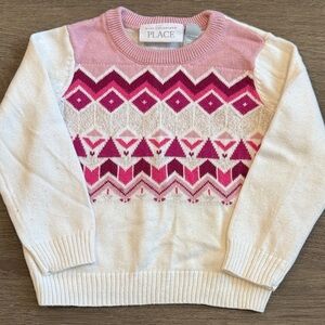 The Children's Place Pink & White Fair Isle Crew Neck Sweater